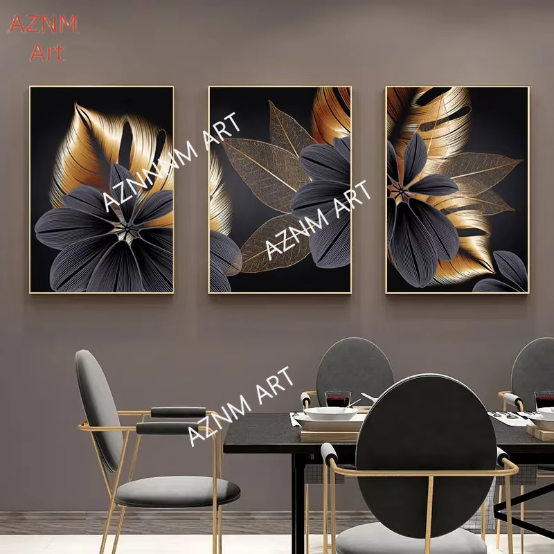 Plant Parenting - 1/3pcs Black Golden Plant Leaf Canvas