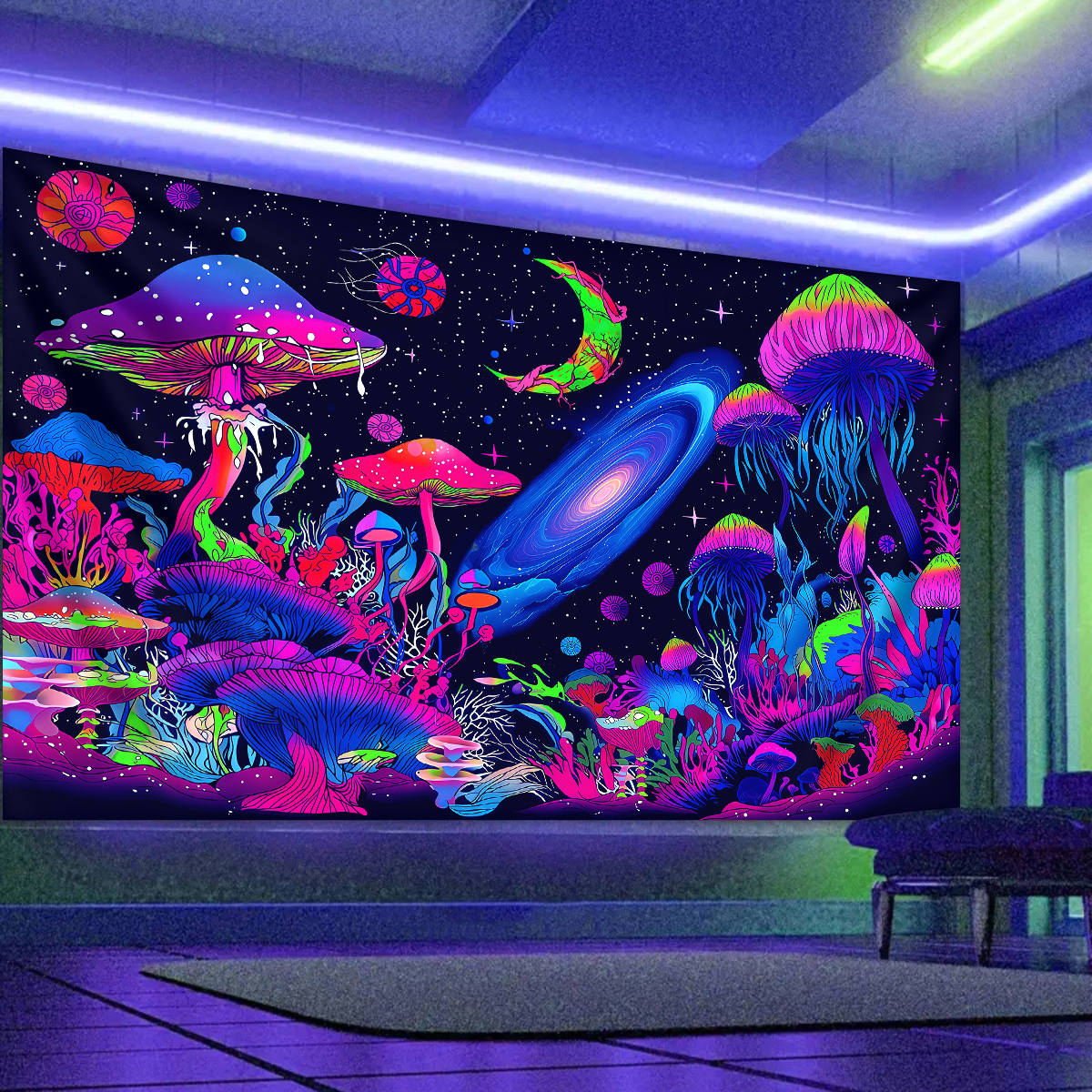 Plant Parenting - 1pc Fluorescent mushroom tapestry, UV tapestry,